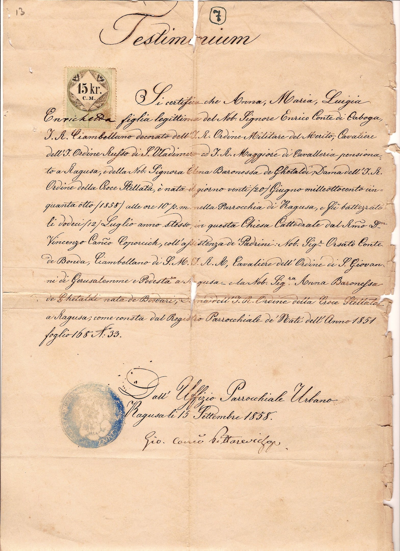 Alter Brief des italienischen Regierungs mit einem Stempel, der an den Präsidenten von Italien adressiert ist, geschrieben auf altem Papier.