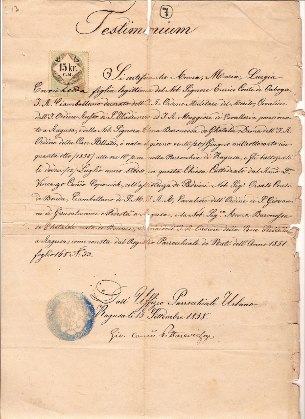 Alter Brief des italienischen Regierungs mit einem Stempel, der an den Präsidenten von Italien adressiert ist, geschrieben auf altem Papier.