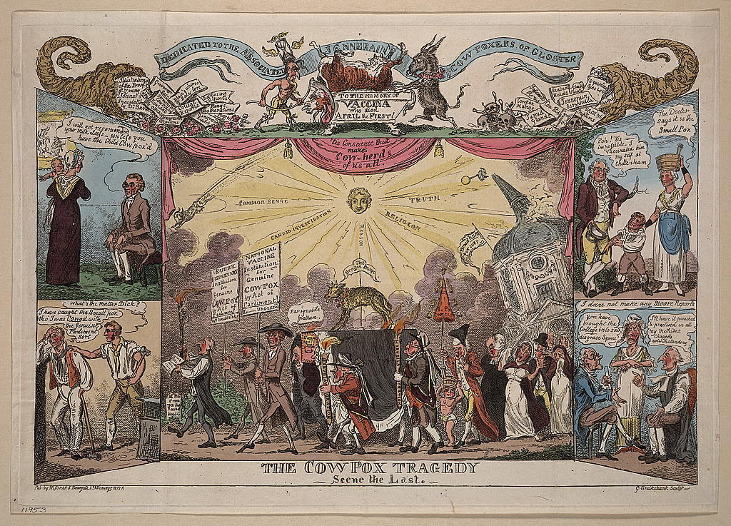 Ein Plakat auf einem Tisch oder an der Wand, das Menschen mit Schildern zeigt, mit Cartoon-Teufeln oben.