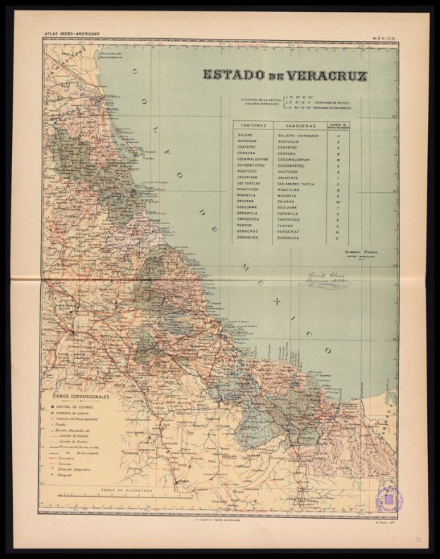 Alte schwarze Rahmenkarte von Veracruz, Mexiko, die Flüsse, Berge und Städte zeigt.