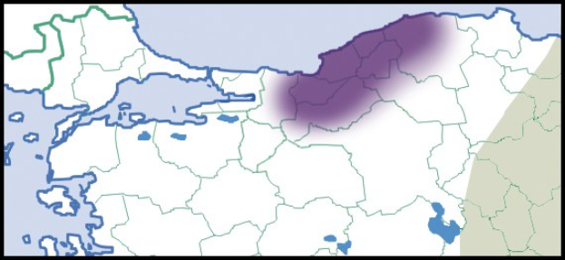 Eine Karte von Bulgarien mit in lila und grün hervorgehobenen Provinzen, eingerahmt von einem schwarzen Rand, der das Ausmaß der Balkanhalbinsel anzeigt.