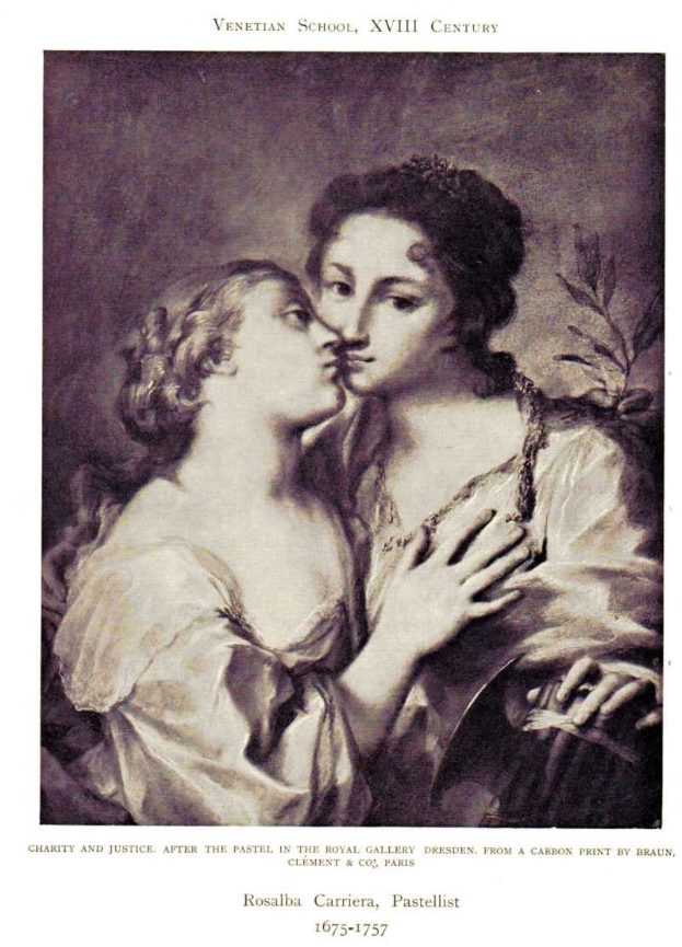 Plakat mit zwei Frauen, eine küsst die andere, mit Text unten: "Charity und Gerechtigkeit nach dem Pastell in der Königlichen Galerie, Dresden, aus einem Kohledruck von Braun."
