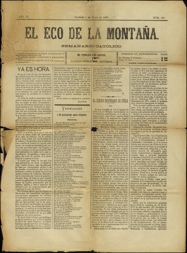 Eine alte Zeitung mit den Worten "El Eco de la Montana" darauf gegen einen schwarzen Hintergrund.