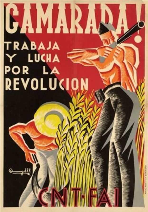 Spanisches Propagandaplakat für die kubanische Revolution mit zwei Figuren, einer mit einer Waffe, und dem Text "Camarada, Trabaja y Lucha por la Revolución."