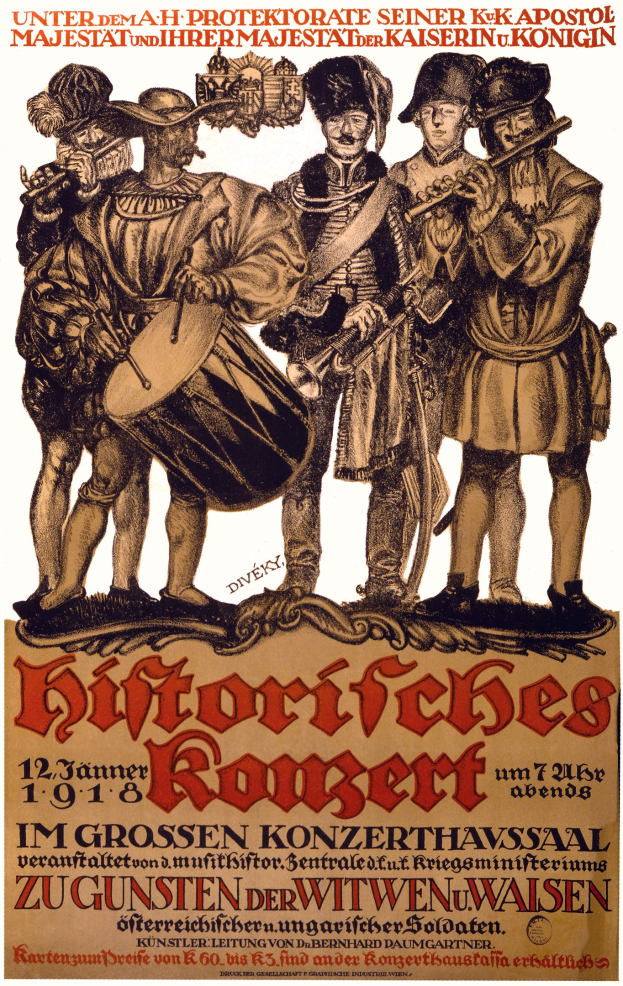 Konzertplakat mit einer Gruppe von Männern in bunten Kleidern, die Trommeln, Trompeten und Gitarren spielen, mit Text, der das Ereignis beschreibt.