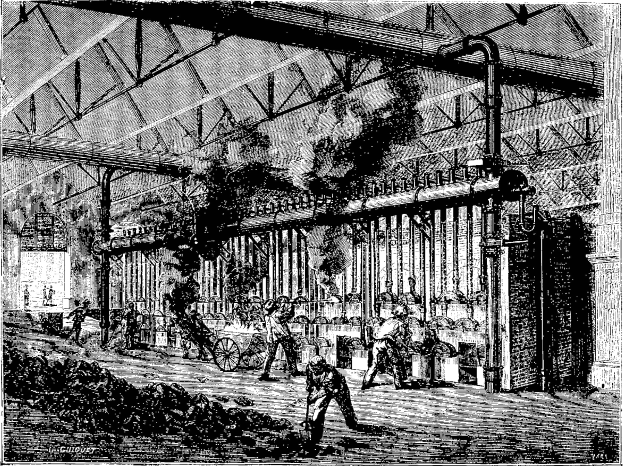 Schwarz-weiß-Zeichnung einer belebten Stahlfabrik der 1910er Jahre mit Arbeitern, Pfählen und Maschinen.