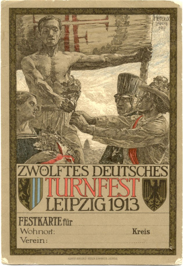 Plakat für das Zwölfte Deutsche Turnfest Leipzig 1913, das eine zentrale Gruppe von Menschen mit Texten zu den Ereignissen zeigt.