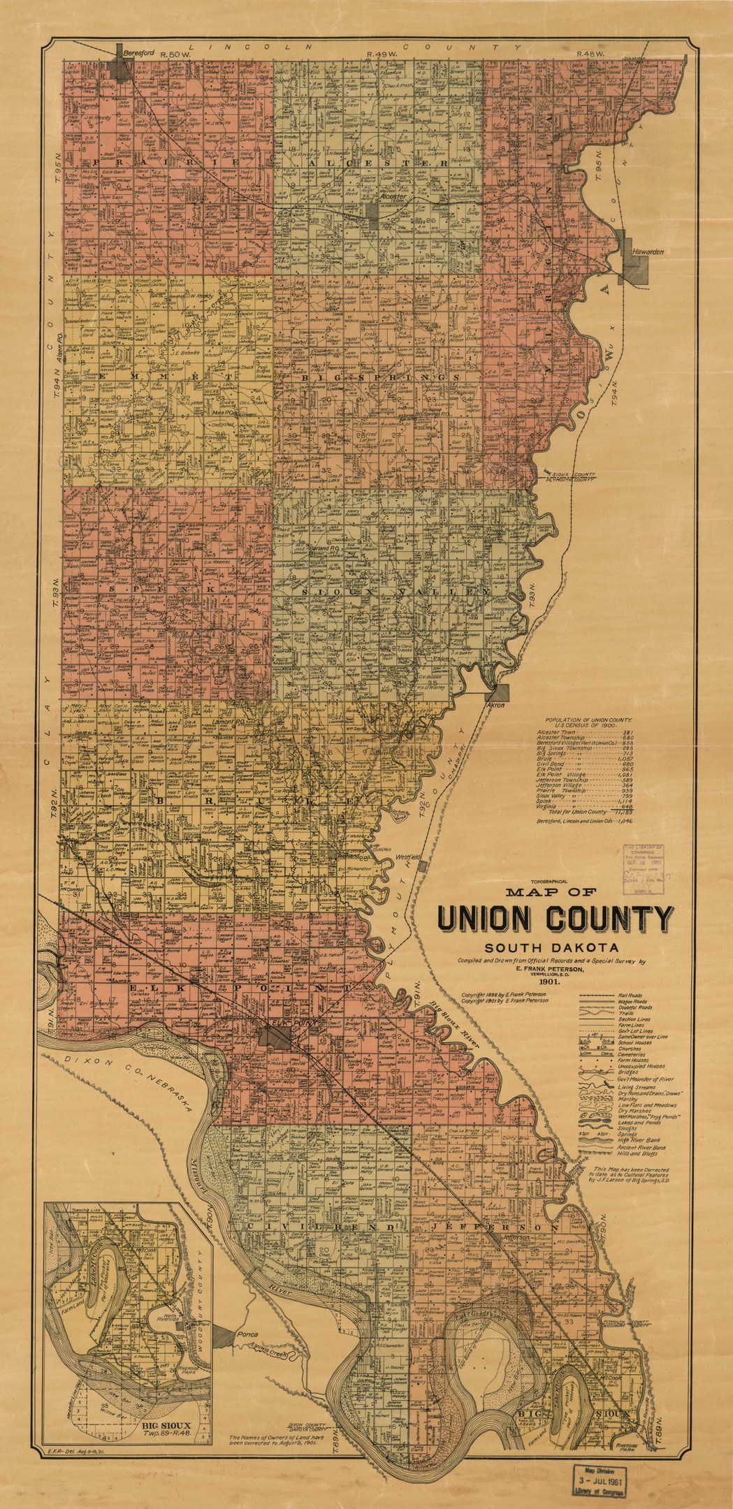 Ausführliche alte Karte von Union County, South Dakota, mit Straßen, Parks, Sehenswürdigkeiten und beschrifteten Städten in Blau-, Grün-, Gelb-, Rot- und Weißtönen.