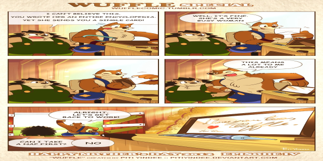 Ein Plakat mit einer Comic-Strip-Szene, die einen Cartoon-Mann in einem blauen Hemd und eine strahlende Frau zeigt, mit der Aufschrift 'Frohe Muttertag' auf einem hellgelben Hintergrund.