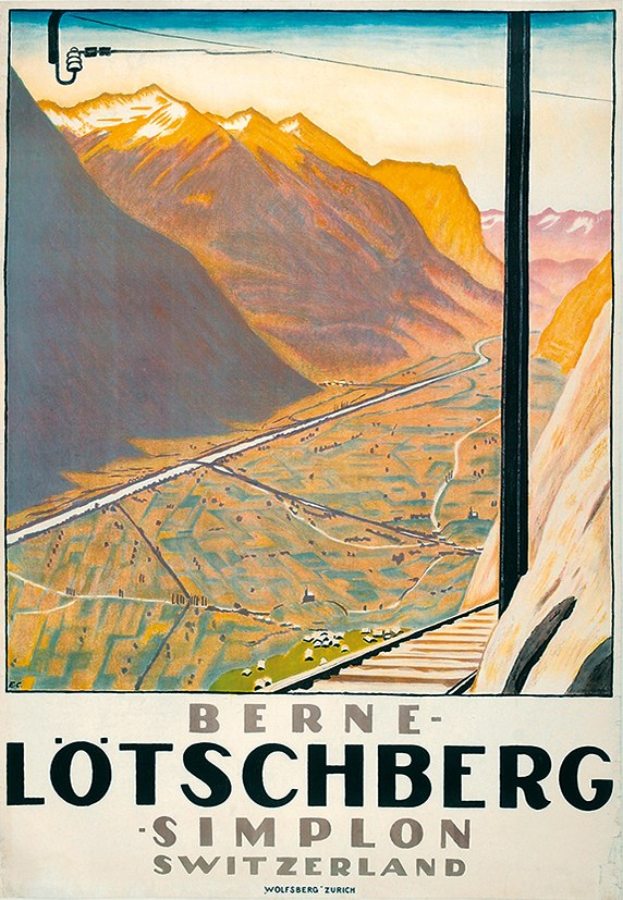 Plakat, das eine Panoramafahrt mit der Bahn von Bern nach Lötschberg in den Schweizer Alpen anpreist, mit rollenden Hügeln, kurvenreichen Straßen und einem strahlend blauen Himmel sowie dem Text "Bern Lötschberg - Simplon Schweiz."