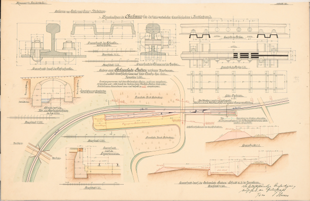 Ein detailliertes Bild eines alten Buchumschlags mit einer Eisenbahnschiene, mit sorgfältigen Skizzen und Texten, die ein Eisenbahnlayout beschreiben.
