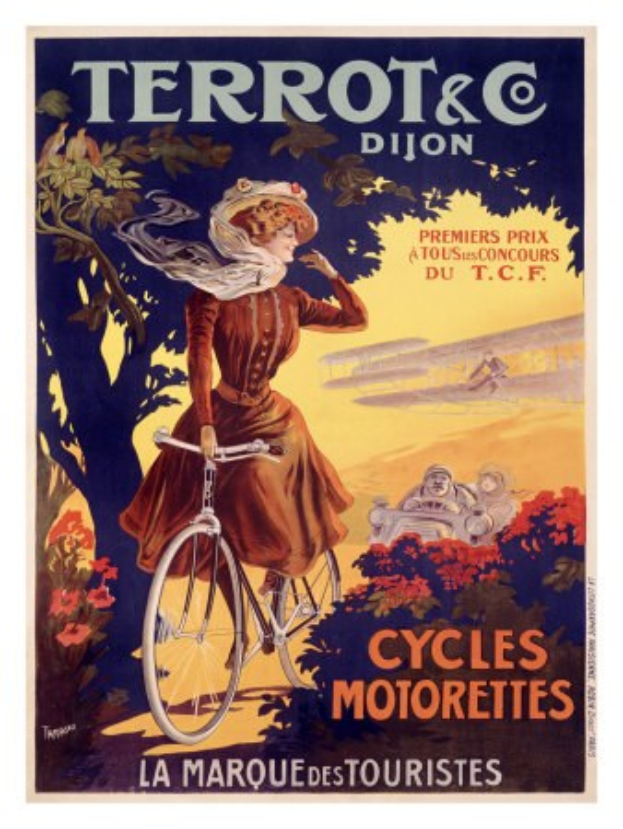 Ein Plakat, das eine Fahrradtour in Frankreich ankündigt und eine Frau auf einem Fahrrad zeigt, die von Bäumen, Blumen und anderen Menschen umgeben ist, mit Text, der die Tour beschreibt.