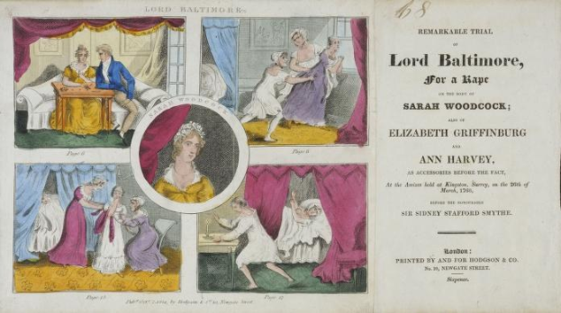 Illustration eines historischen Gerichtsdokuments mit Porträts, Vorhängen und Text, das den Fall Lord Baltimore zeigt, der des Vergewaltigens beschuldigt wird.