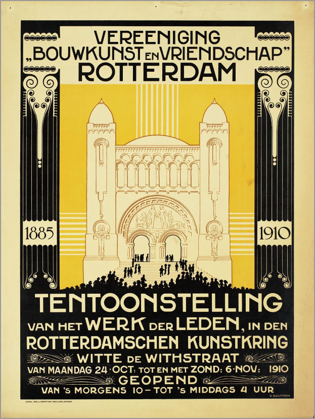 Plakatankündigung für ein Konzert in Rotterdam, Niederlande, mit einem Gebäude und Text
