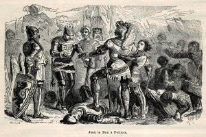 Eine Schwarz-Weiß-Zeichnung von gepanzerten Figuren, einige mit Schwertern und Schilden stehend, andere am Boden liegend, mit Text unten.