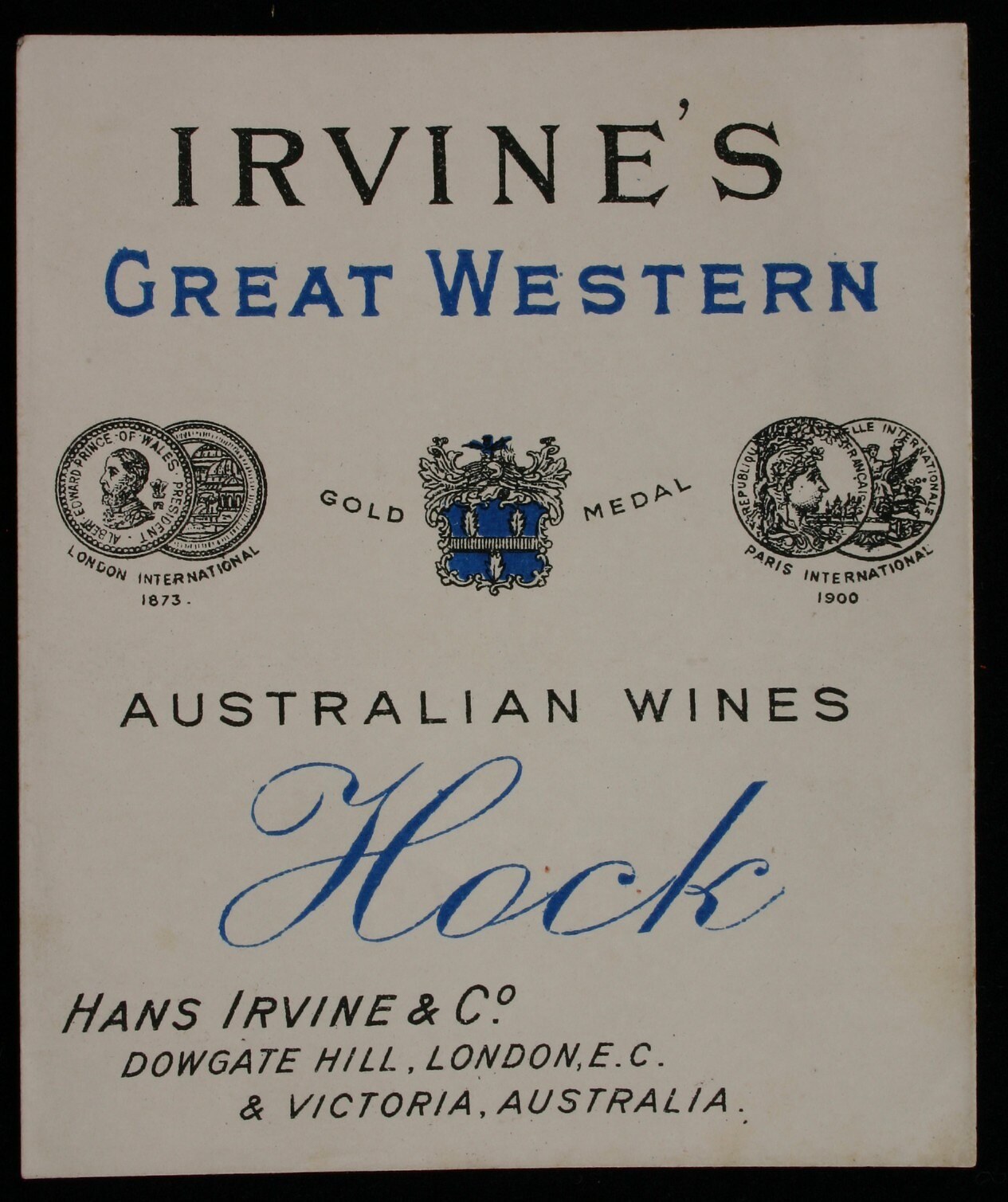 Plakat, das Irvines Große Western Australian Weine bewirbt, mit dem Namen des Unternehmens, dem Text "Hock" und Logos.