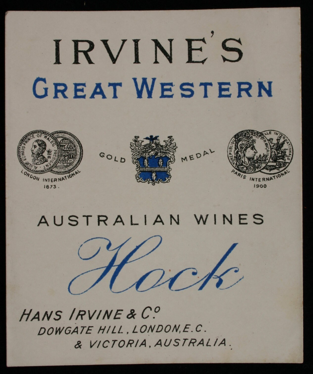 Plakat, das Irvines Große Western Australian Weine bewirbt, mit dem Namen des Unternehmens, dem Text "Hock" und Logos.
