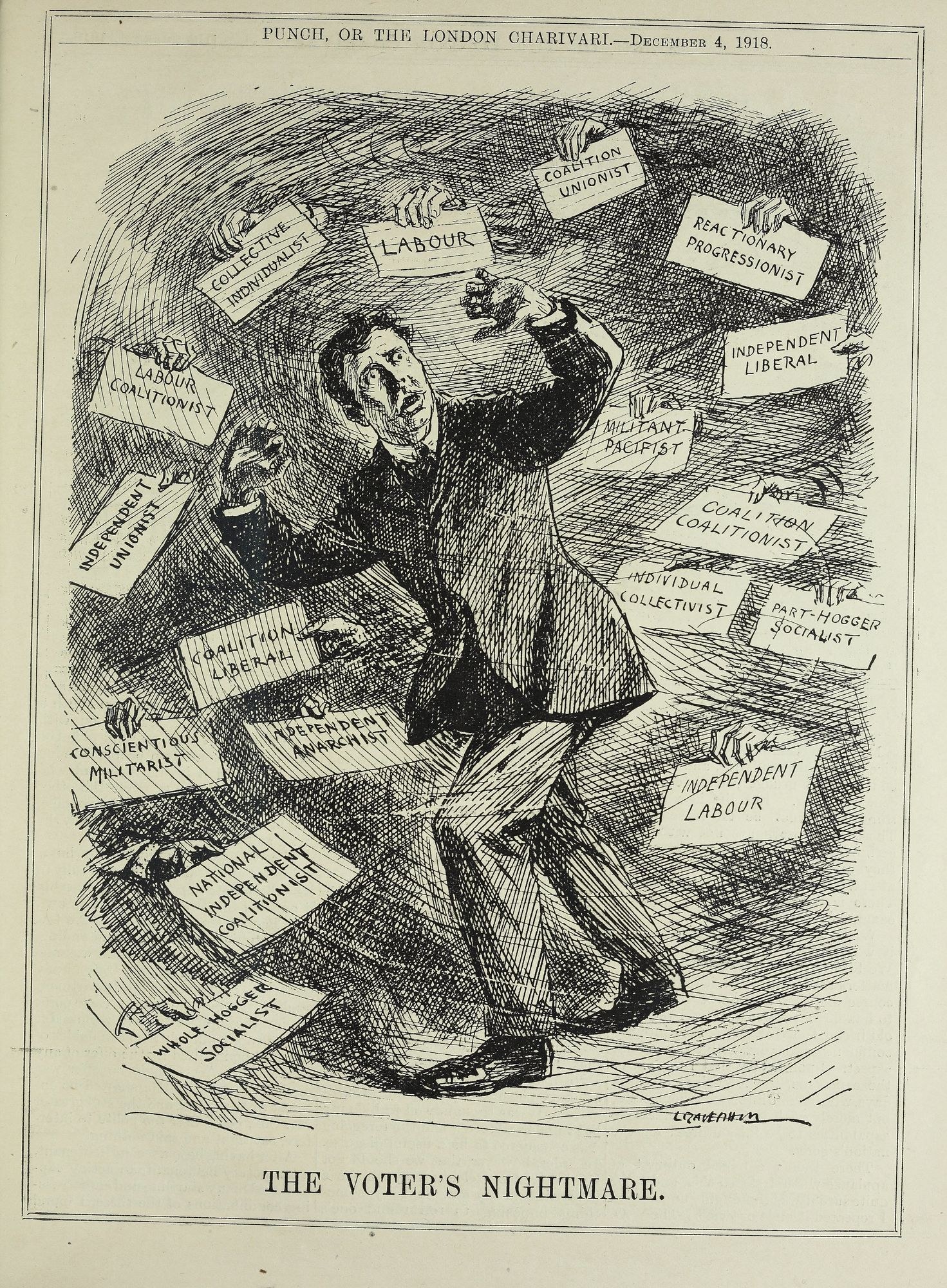 Ein Blatt mit einer Zeichnung eines Mannes im Anzug und Krawatte, der ein Schild hält, auf dem steht: "Der Wähler-Albtraum", der Entschlossenheit mit einem entschlossenen Gesichtsausdruck ausstrahlt.