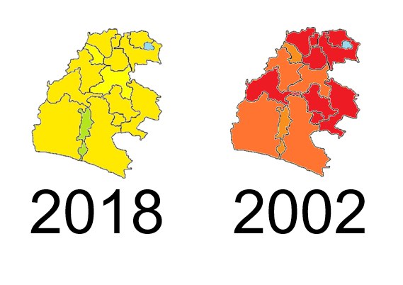 Karte von Deutschland, die die Provinzgrenzen von 2002 und 2018 in Gelb, Rot und Orange auf einem weißen Hintergrund anzeigt.