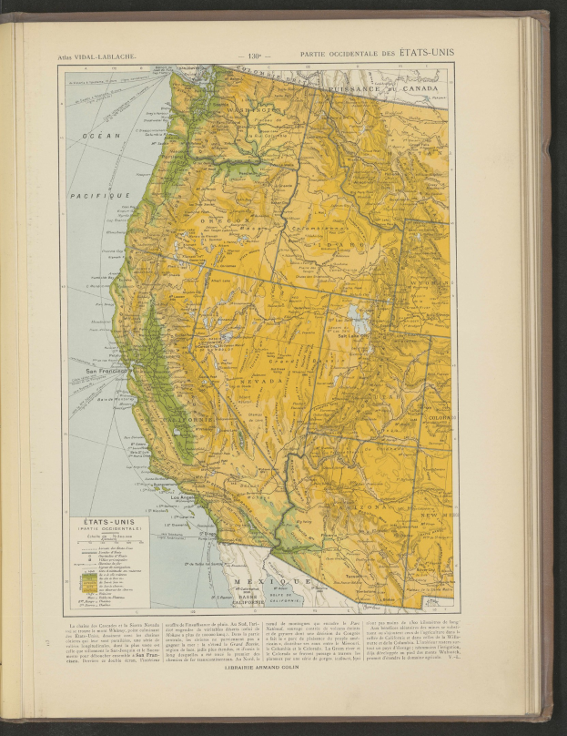 Offenes Buch mit detaillierter Karte von Kalifornien mit beschrifteten Städten, Flüssen und geografischen Merkmalen.