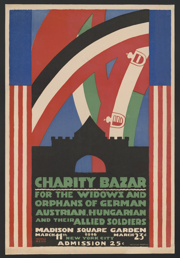 Ein Plakat für einen Wohltätigkeitsbasar, der die Witwen und Waisen von Soldaten verschiedener Nationen unterstützt, mit Text, der die Veranstaltung beschreibt.