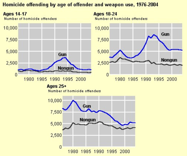 Graphik, die die Homicid-Täterquote nach Alter des Täters und Waffengebrauch von 1976 bis 2004 zeigt, mit begleitendem erklärendem Text.