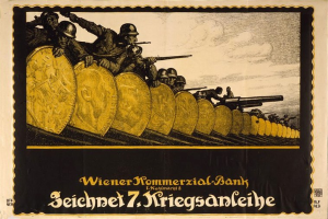 Eine Gruppe von Helmetträgern mit Waffen, mit dem Text "Wiener Kommmerzial Bank" unten, auf einem deutschen Weltkriegspropagandaplakat.