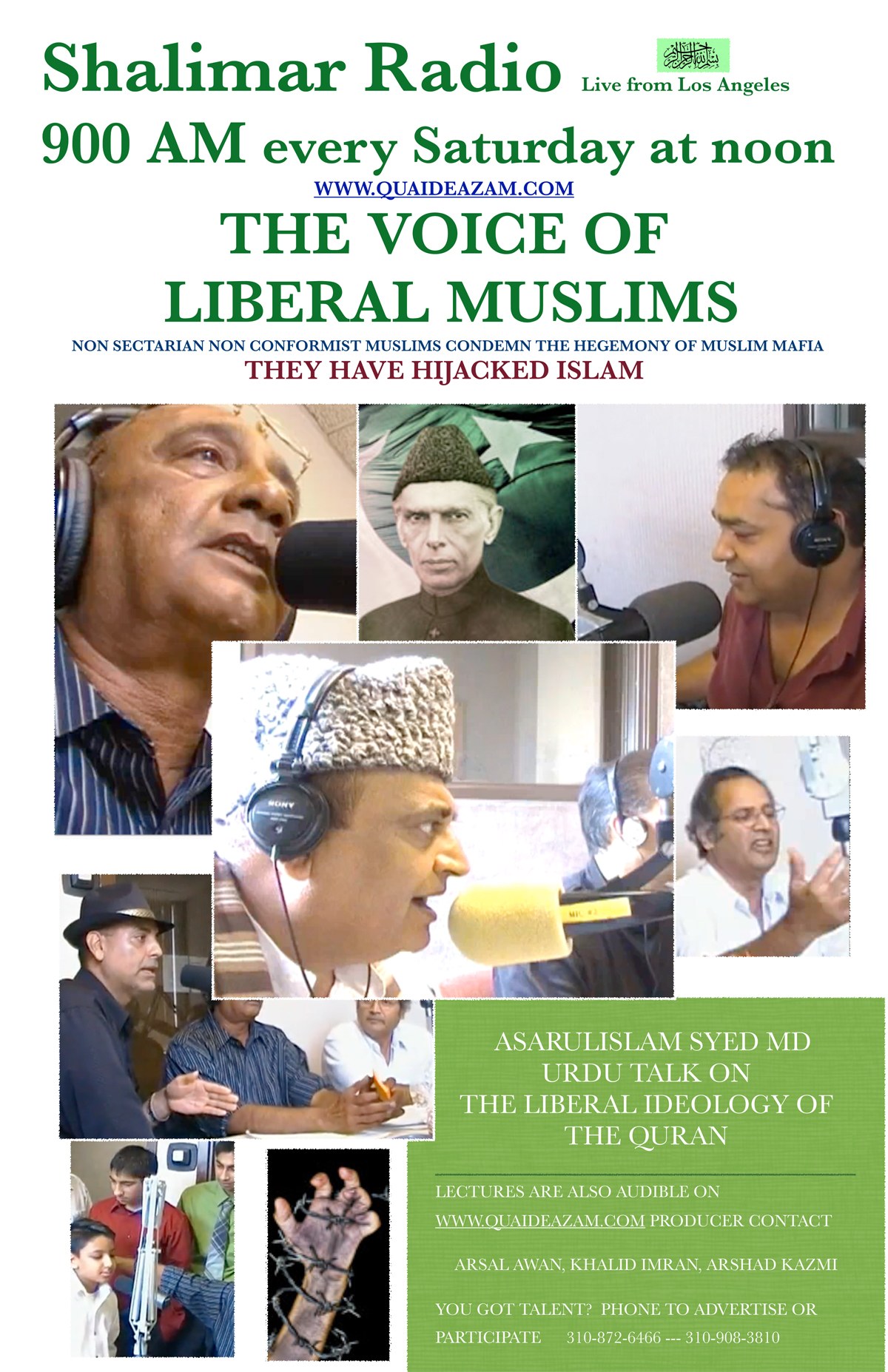 Plakat, das eine Radiosendung mit dem Titel 'Die Stimme der liberalen Muslime' ankündigt, mit Bildern von Menschen mit Kopfhörern und Mikrofonen in einem Gespräch.