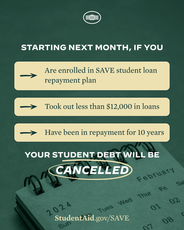 Plakat, das die Stornierung von Schüler Schulden für diejenigen ankündigt, die im nächsten Monat in der Save Student Loan Repayment Plan eingeschrieben sind.