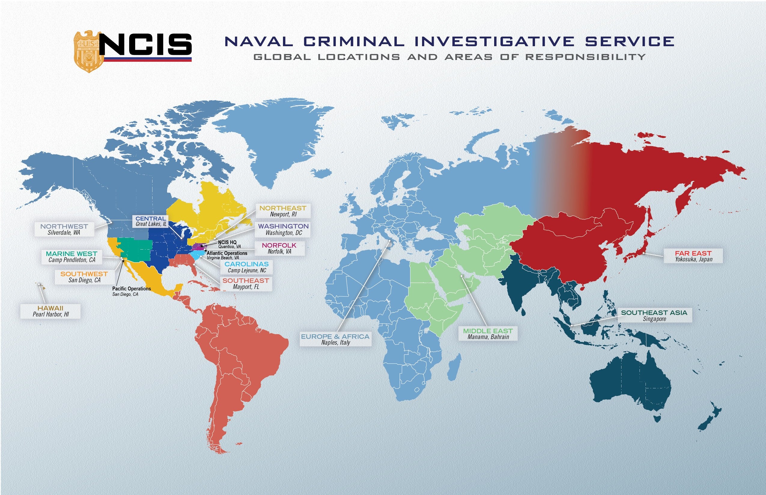Farbcodierte Weltkarte, die Standorte von naval criminal investigative services mit erklärendem Text hervorhebt.