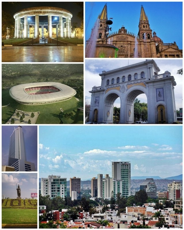 Collage verschiedener Gebäude, Denkmäler und Landmarken in Mexiko-Stadt, einschließlich eines eingezäunten Bereichs mit Säulen und einem Brunnen, Bäumen, Gras, einer Statue und einem Bogen.