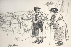 Ein Mann und eine Frau stehen zusammen auf einem Feld, der Mann hält einen Stock, mit Tieren, Bäumen und einem Zaun im Hintergrund; Text unten lautet "Die Farmerin von Sir Edward Burne-Jones".