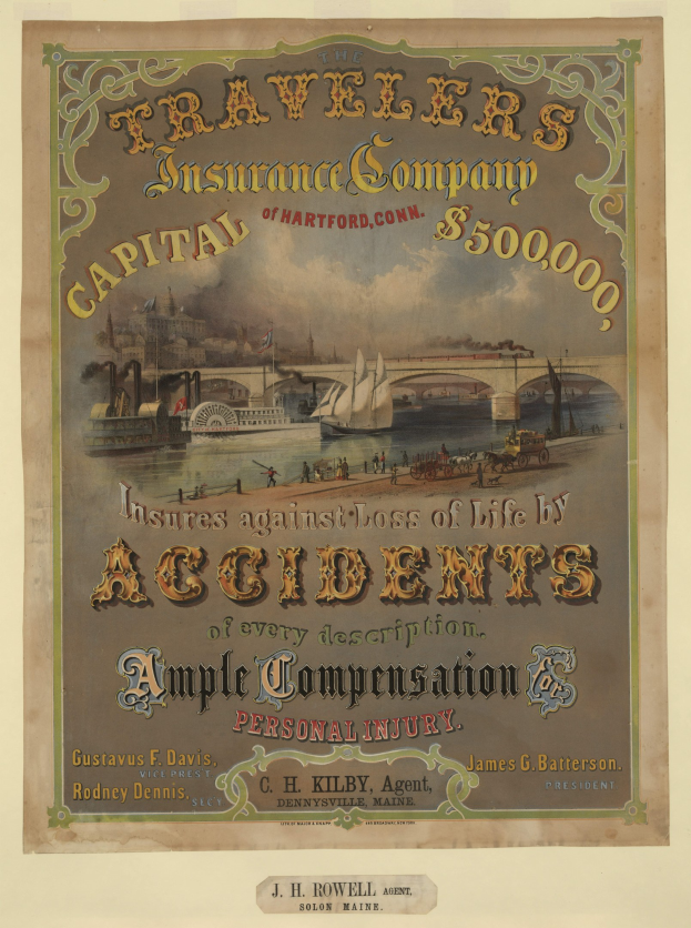 Werbung für die Traveler's Insurance Company of Hartford, Connecticut, mit Booten, Brücke und Gebäuden sowie Text über Reiseversicherungsdienstleistungen.