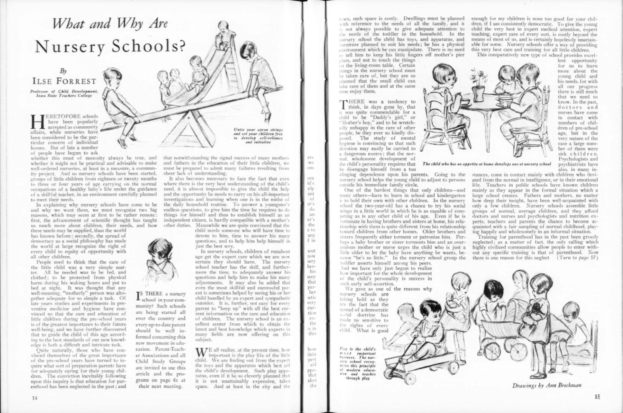 Offenes Buch mit Illustrationen von spielenden Kindern in einer Kindertagesstätte, mit Text und einer Tabelle mit Gegenständen.