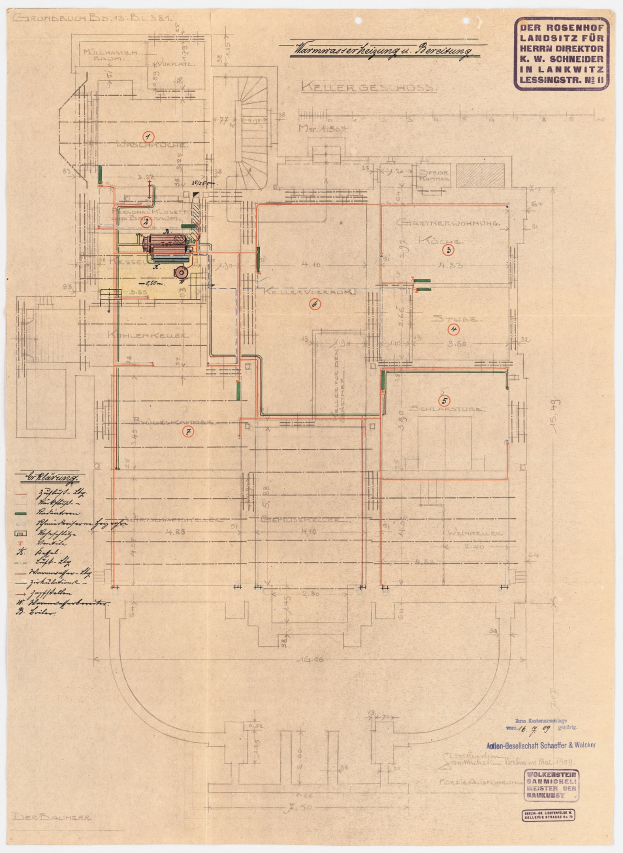 Schwarz-weißer Architekturplan vom Rosenhof-Krankenhaus in Hamburg, Deutschland, der detaillierte Layouts mit zahlreichen Drähten, Räumen, Fluren und Textanmerkungen auf altem Papier zeigt.
