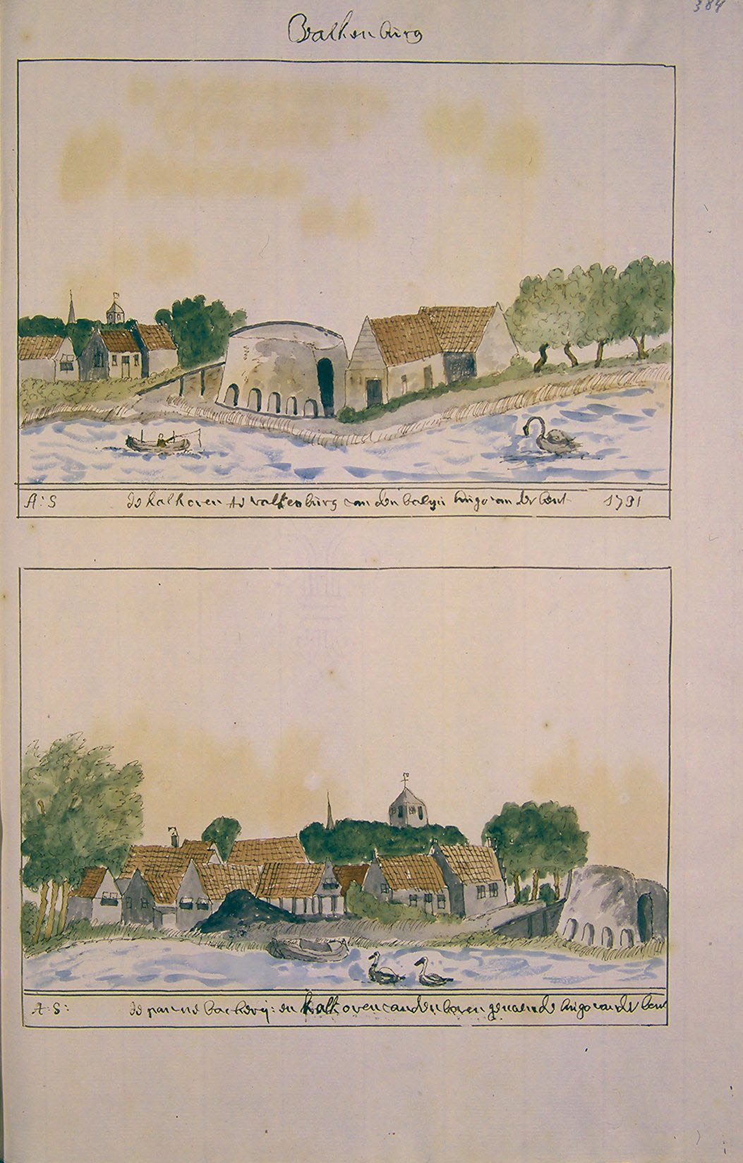 Ein Buchumschlag mit einer illustrierten Dorfszene, die Häuser, grüne Bäume, einen See, fliegende Vögel und Text zeigt.