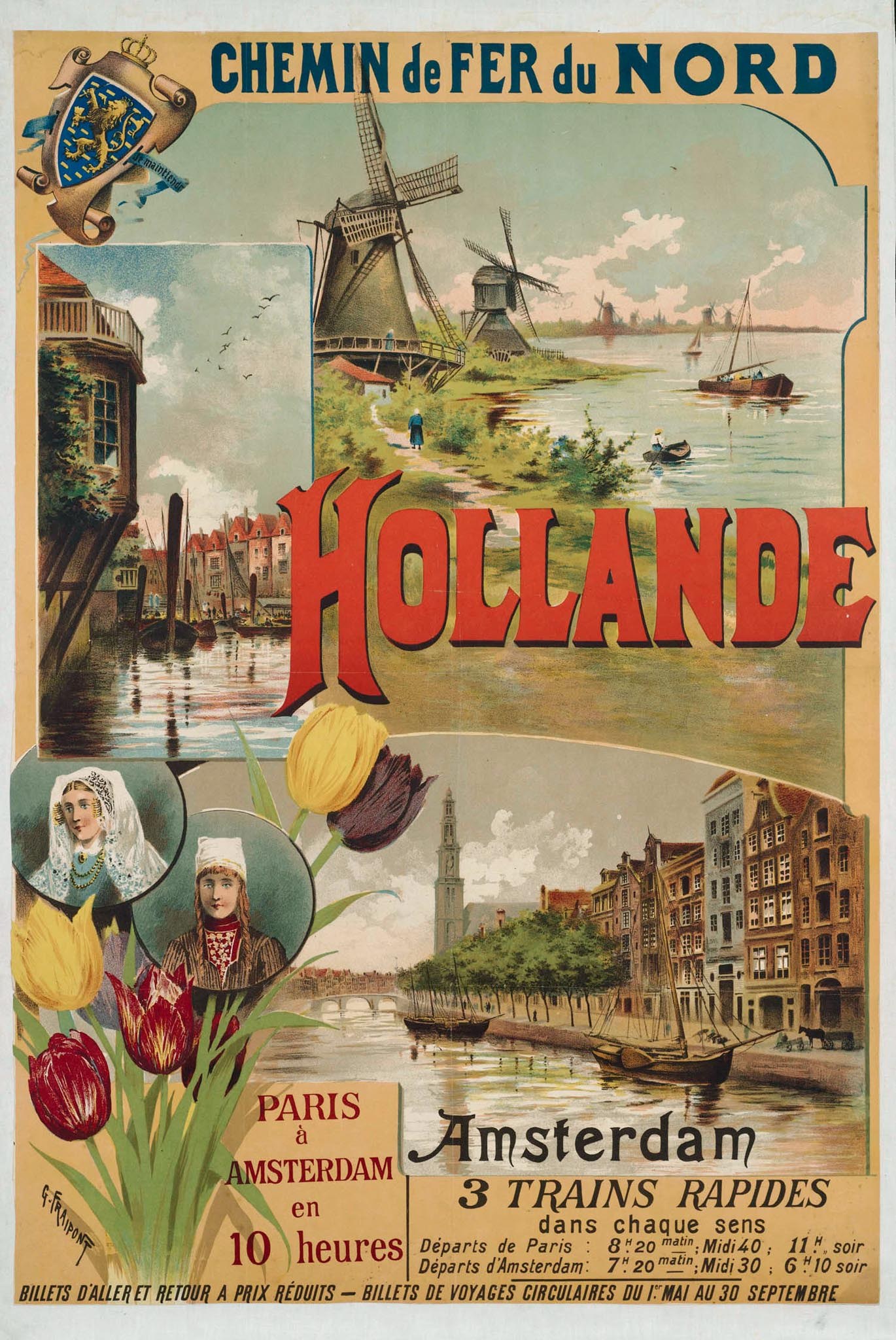 Plakat, das eine Zugstrecke von Amsterdam nach Amsterdam bewirbt, mit Bildern von Menschen, Blumen, Gebäuden, Windmühlen, Wasser, Booten, Bäumen und einem bewölkten Himmel sowie Text.