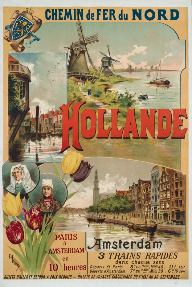 Plakat, das eine Zugstrecke von Amsterdam nach Amsterdam bewirbt, mit Bildern von Menschen, Blumen, Gebäuden, Windmühlen, Wasser, Booten, Bäumen und einem bewölkten Himmel sowie Text.