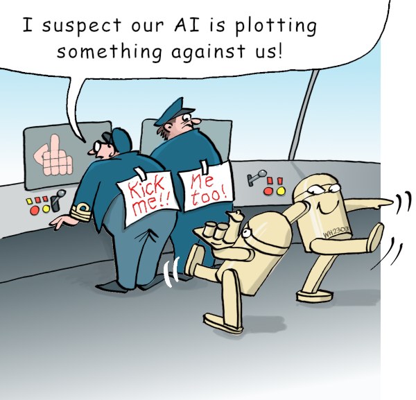 Cartoon eines Polizisten, der ein Schild hält, auf dem steht: "Ich vermute, dass unsere AI etwas gegen uns plant", während zwei Roboter vor ihm stehen, einer hält ein Stück Papier, mit einem wandmontierten Bildschirm und Knöpfen im Hintergrund.