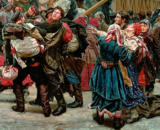 Gemälde, das eine Gruppe von Menschen in traditioneller russischer Kleidung zeigt, die tanzen und Gegenstände halten, vor einem Publikum und einem hölzernen Haus, das eine lebhafte Szene aus der russischen Revolution vermittelt.