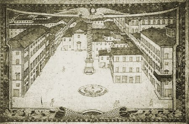 Schwarz-weiß-Zeichnung des Plaza Mayor in Madrid, das eine zentrale Fontäne, umgeben von Gebäuden und einem Fahrzeug, zeigt, mit der Beschriftung 'Plaza Mayor de Madrid' unten.