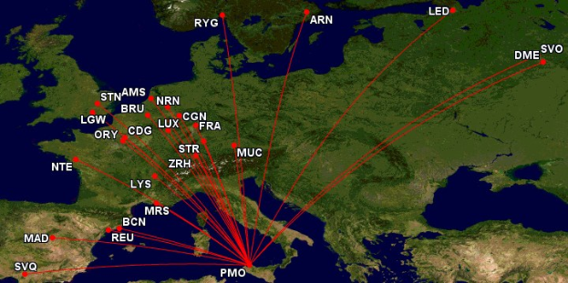 Europakarte mit roter Linie, die eine kreisförmige Flugroute von London nach London nachzeichnet, begleitet von erklärendem Text.