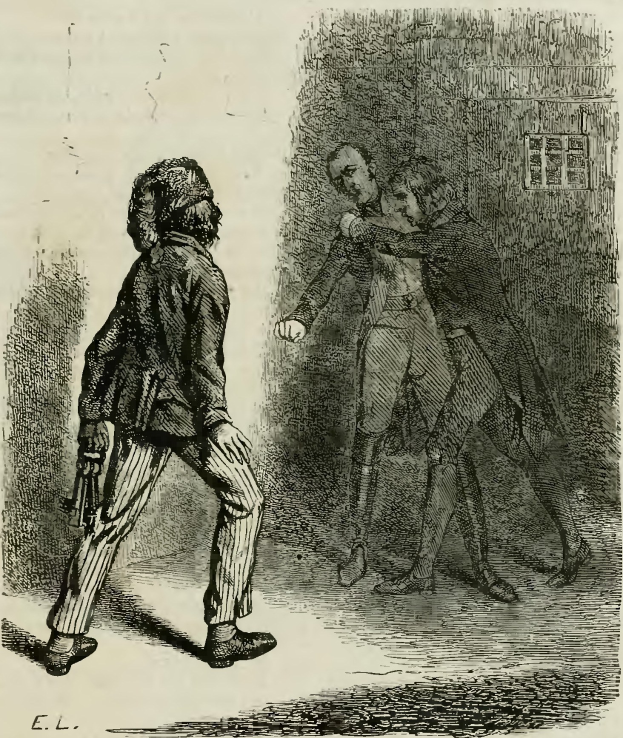 Schwarze und weiße Illustration von zwei Männern vor einem Gebäude, einer hält eine Waffe, mit Text unten lesend "Victorian illustration of a man being arrested by a police officer."