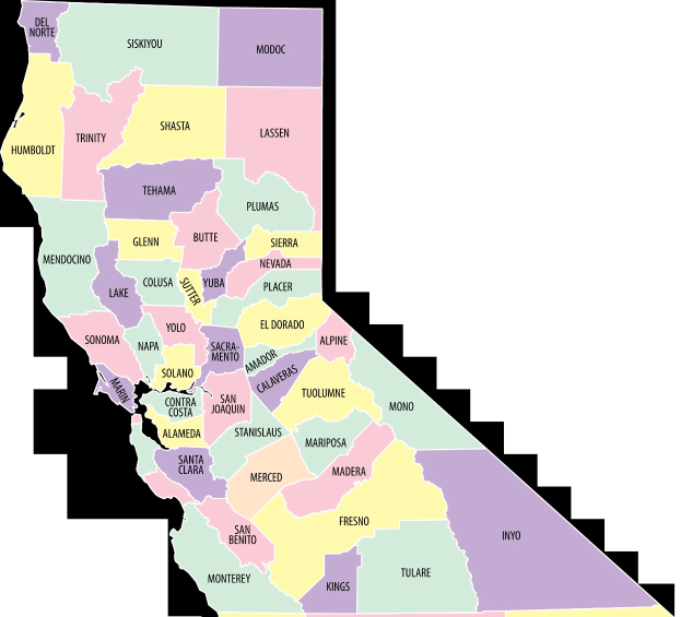 Farbcodierte Karte von Kalifornien, die seine Countys mit zusätzlichem Textinformationen zeigt.
