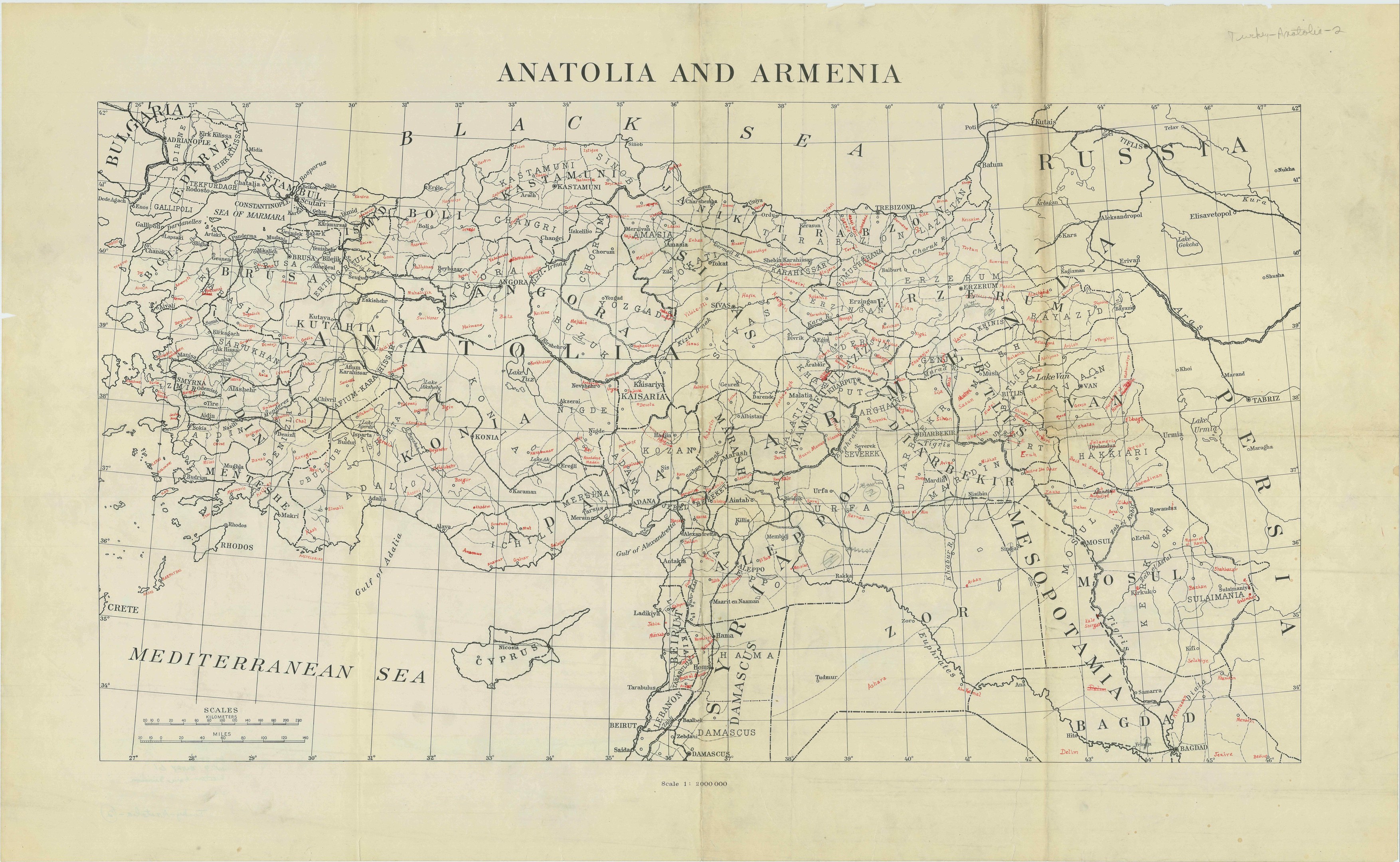 Detailierte Karte von Anatolien und Armenien auf Papier mit begleitendem Text über die Region und ihre Bewohner.