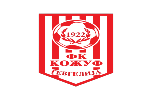 Ein rotes und weißes gestreiftes Logo mit den Worten "Kosovo Football Club" in fetter, schwarzer Schrift, umgeben von einem weißen Rand.