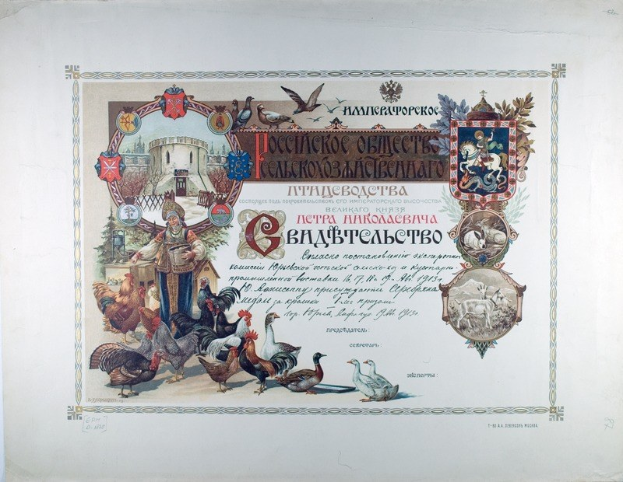 Zertifikat ausgestellt von der Russischen Föderation mit einer Abbildung eines Mannes mit Hennen, umgeben von Bildern von Vögeln und Gegenständen, mit gedrucktem Text.