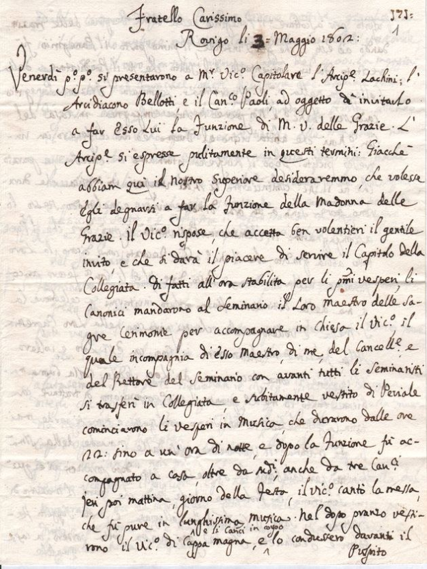 Handgeschriebener Brief von Francesco Carissimo an den Präsidenten von Italien, datiert 1721, auf altem Papier mit sauberer Kursivschrift.