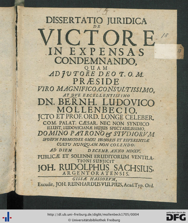 Offenes Buch mit dem Titel 'Dissertation Juridica de Victore in Expensas Condemando' und sichtbaren juristischen Dokumenten auf der Seite.