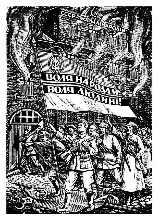 Schwarz-weiß-Zeichnung einer Gruppe von Menschen in traditioneller russischer Kleidung, die vor einem hohen Gebäude protestieren und ein Transparent mit fetter Schrift halten.